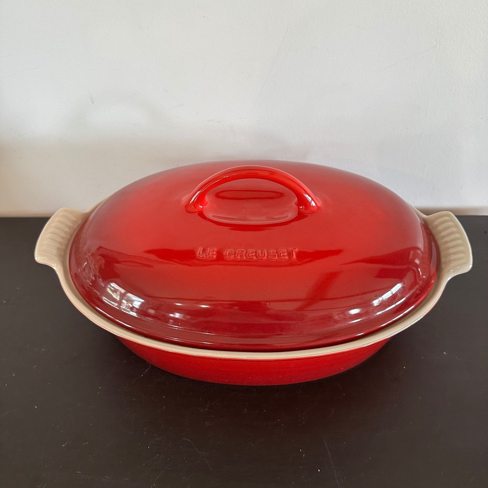 Le Creuset Cerise Heritage Red Oval Stoneware Casserole Dish Lid Covered Baker